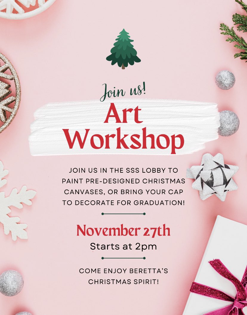 SSSMarshallU's tweet photo. We have planned our final event for the semester!!!

We have materials to decorate your Graduation Cap. Even if you're not graduating, come and paint a Christmas Canvas (materials provided for free hand painting or pre-designed)

Can’t wait to see everyone there🎨🎄🎓 https://t.co/Kfwdo7fkrK