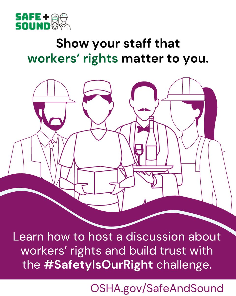 OSHA_DOL's tweet photo. Do you want to show that you take workers' rights seriously?

Take the #SafetyIsOurRight challenge to help build worker trust 👇 https://t.co/5gqbGQhVCN

 #WorkersRights https://t.co/K3xeO4tZxA