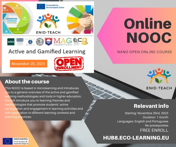 ¡Matrícula abierta! 
Curso gratuito: ¡Metodologías activas y gamificadas!. 

En múltiples idiomas. Desde #enidteachproject puedes formarte  como profesorado universitario en distintas metodologías.
<a href="/ENID_TEACH/">ENID-TEACH Project</a>
#UNED #ReCoin_Tad enidteach.eu/courses/