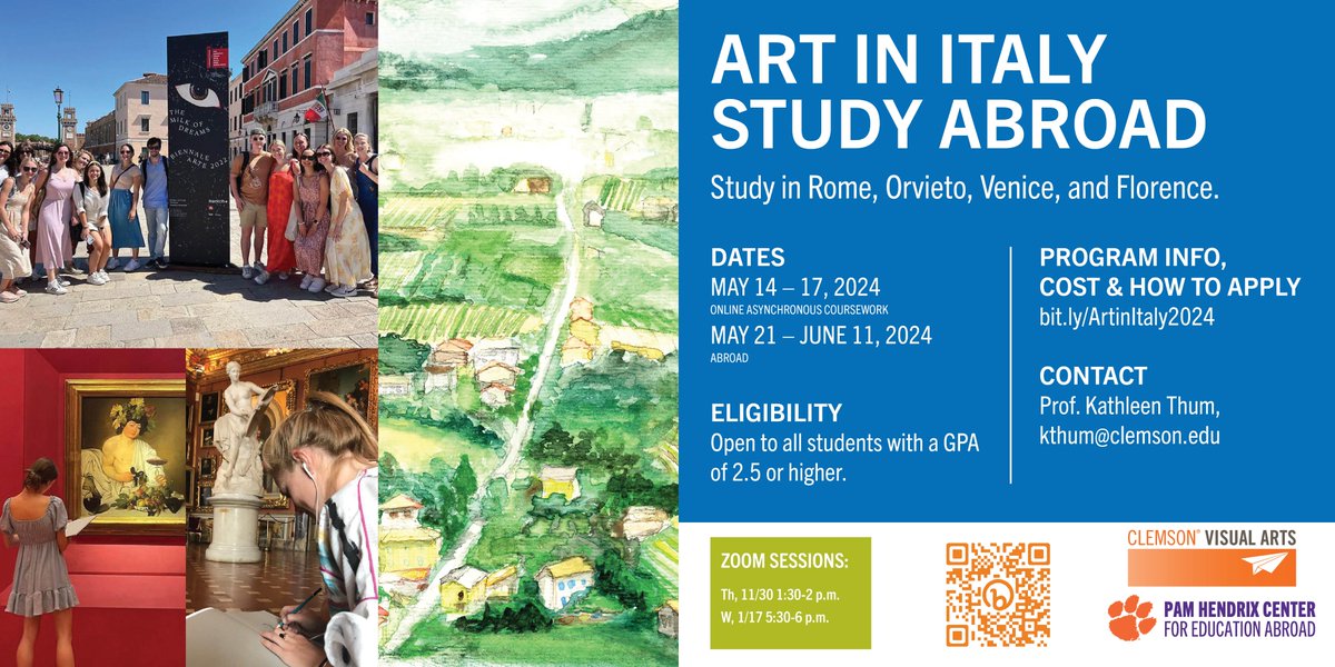 Are you interested in Studying Art in Italy this Summer?
Attend the IMPORTANT ZOOM INFO SESSION 
THIS THURS. 11/30, 1:30-2 p.m.
or email Kathleen Thum, kthum@clemson.edu
ZOOM Meeting link is at the bottom of webpage bit.ly/ArtinItaly2024
Open to ALL MAJORS!
#clemsonvisualarts
