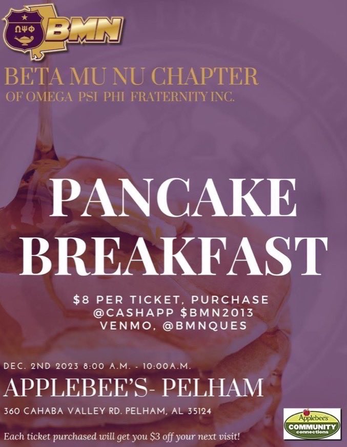 #pancake breakfast with the illustrious men of Omega <a href="/OfficialOPPF/">Omega Psi Phi® Fraternity</a> <a href="/ques_betamunu/">BetaMuNuQues.org</a> and help us make a difference in the lives of the needy. Support this fundraiser. If you can’t make it, make a donation by purchasing a ticket. Your $8 dollar contribution helps a lot.