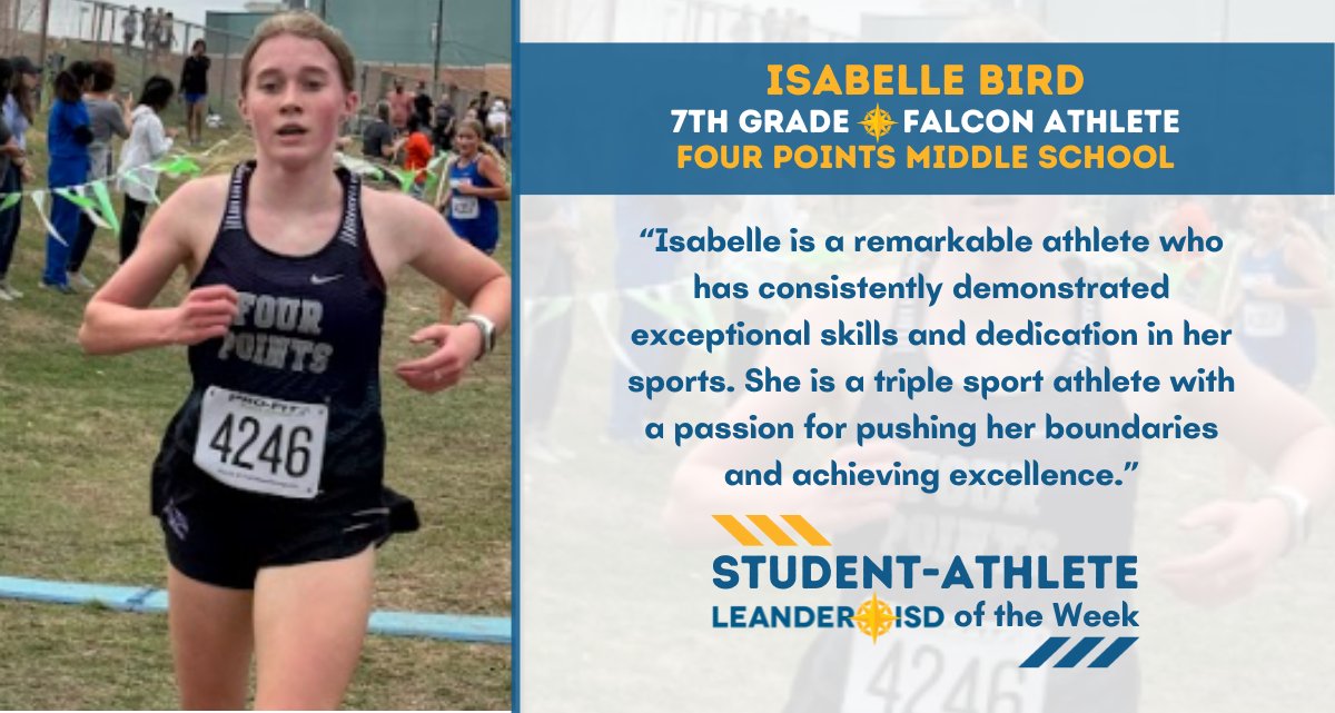 Isabelle Bird at @FPMS_LISD is the #1LISD Student-Athlete of the Week! Isabelle is a seventh grade member of the Falcon football, cross country and basketball teams. Read more: bit.ly/49Sbeih #NoPlaceLikeLISD