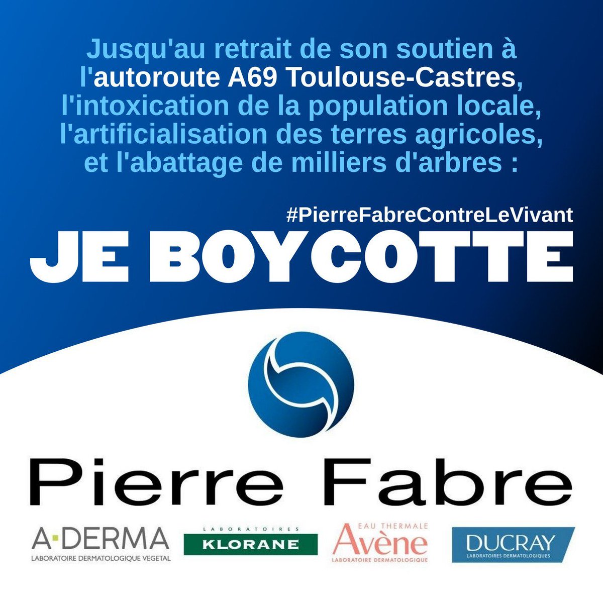 xr_toulouse's tweet photo. Jusqu'au retrait de son soutien à l'autoroute #A69 #Toulouse #Castres, contre l'intoxication des locaux, l'artificialisation des terres agricoles, et l'abattage de milliers d'arbres : Je boycotte #PierreFabreContreLeVivant
A-Derma #Klorane #Avene #Ducray #StopA69 #NoMacadam https://t.co/Oz5CBYhz2W