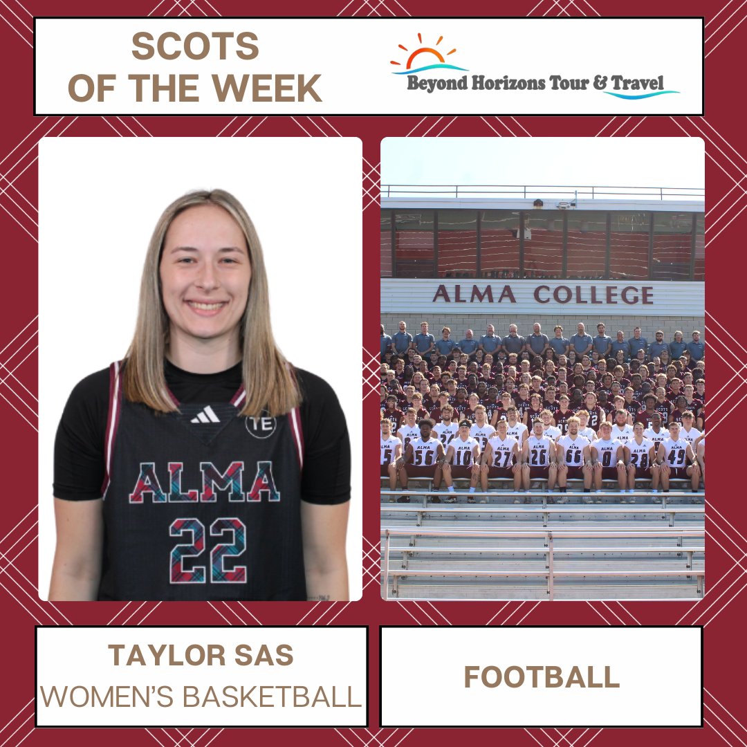 Alma College Scots (@almascots) on Twitter photo Scots of the Week: Taylor Sas (WBB) and the 2023 Football Team.
Taylor had a record setting week starting with 39 pts in an upset win over ranked Wittenberg, which tied a program record. Taylor then was named to the All-Tournament team at the Pat Deacon Classic! Scots of the Week: Taylor Sas (WBB) and the 2023 Football Team.
Taylor had a record setting week starting with 39 pts in an upset win over ranked Wittenberg, which tied a program record. Taylor then was named to the All-Tournament team at the Pat Deacon Classic!