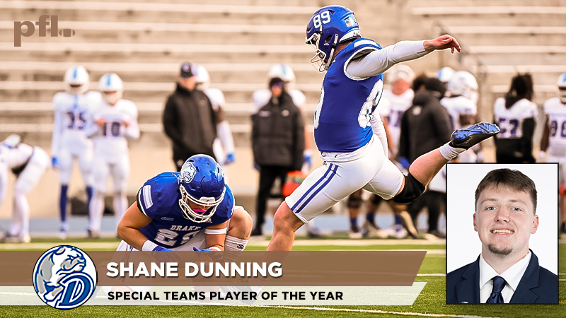 𝗣𝗙𝗟 𝗦𝗽𝗲𝗰𝗶𝗮𝗹 𝗧𝗲𝗮𝗺𝘀 𝗣𝗹𝗮𝘆𝗲𝗿 𝗼𝗳 𝘁𝗵𝗲 𝗬𝗲𝗮𝗿 @DrakeBulldogsFB kicker/punter Shane Dunning Booted 15 field goals, including a league-leading 14 in PFL play, scored 67 points, and averaged 37.96 yards per punt.