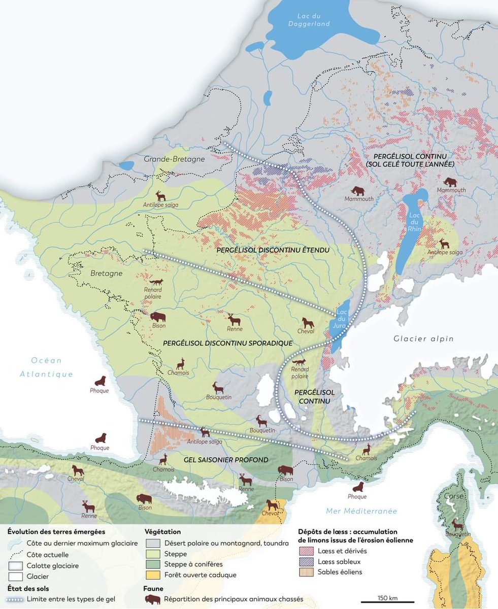 Lucius_Gellius's tweet photo. Un peu de préhistoire pour changer... voici à quoi ressemblait la France il y a 21 000 ans alors qu'Homo Sapiens décorait la grotte de Lascaux et que la température moyenne était seulement de 6 degrés plus basse qu'aujourd'hui : le glacier polaire recouvrait la Grande Bretagne, la Manche se traversait à pied , la Bretagne était bien plus étendue comme toute la côte atlantique!
A retrouver dans le fabuleux atlas archéologique de l'@Inrap qui vient de paraitre aux @Ed_Tallandier.