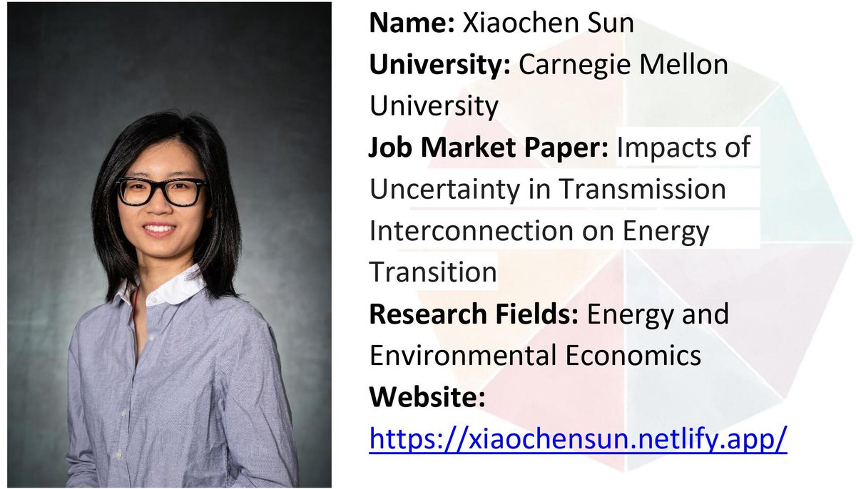 econmentoring's tweet photo. Meet Xiaochen Sun! @xsun920 Her #JMP is titled: "Impacts of Uncertainty in Transmission Interconnection on Energy Transition". Her research interests lie in the field of energy and environmental economics and policy. Learn more about her work here: https://t.co/TMSGeE1xur https://t.co/9R6A5EfbnZ
