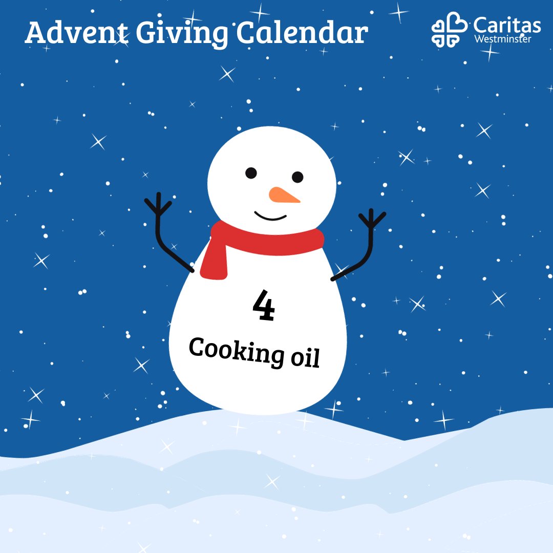 Day 4 of our #AdventGivingCalendar Another kitchen staple today ~ cooking oil. How's your #Advent giving going? Don't forget to share your photos with us... and if you haven't yet started, never mind, you can download a calendar here & start donating! caritaswestminster.org.uk/food-security-…
