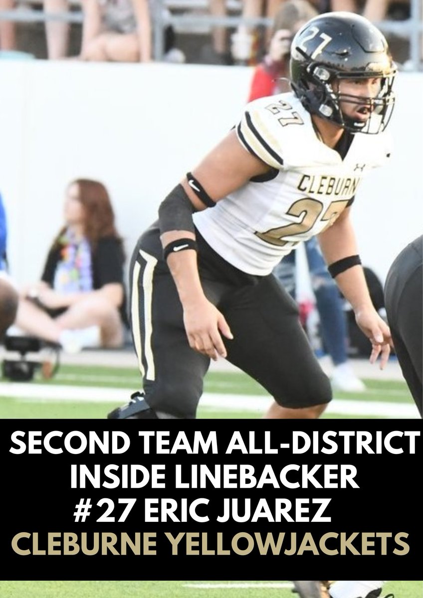 Cleburne Football (@cleburnefb_) on Twitter photo 2nd Team All-District 4-5A Inside Linebacker - #27 - Senior - Eric Juarez - <a href="/EricJuarez40/">Eric Juarez</a> 2nd Team All-District 4-5A Inside Linebacker - #27 - Senior - Eric Juarez - <a href="/EricJuarez40/">Eric Juarez</a>