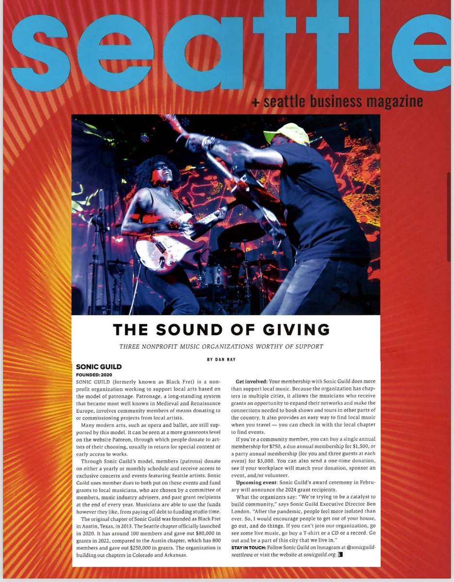 We're so excited to be featured in <a href="/Seattlemag/">Seattle magazine</a>! Thanks <a href="/heyimdanray/">Dan Ray</a> for telling the story of Seattle's music non-profits. 

Make a donation: sonicguild.org/donate/ ♥️