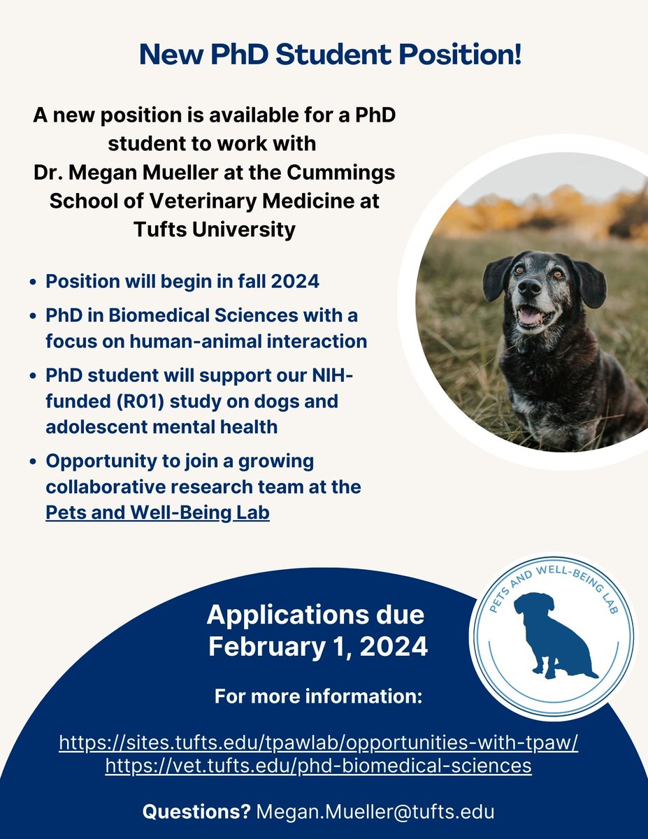 Come join our team! I will be accepting applications for a #PhD student in human-animal interaction @tuftsvet @TuftsCAPP starting fall 2024. This position will support our NIH-funded R01 on #dogs and #teenage #mentalhealth 🐶Please share widely! sites.tufts.edu/tpawlab/opport…