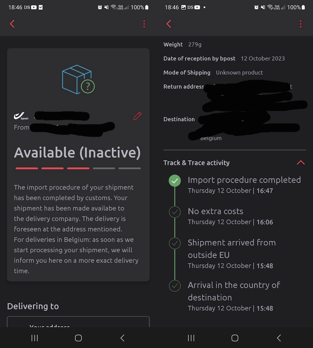 DenTweed's tweet photo. Leuk @bpost_nl, zit ik met een pakje uit UK waar ik al eeuwen (11 oktober) op wacht maar nooit ontvangen heb of enige communicatie over gehad heb en vind ik toevallig in de app dit... inactive? wtf? https://t.co/LbvqqBNREl