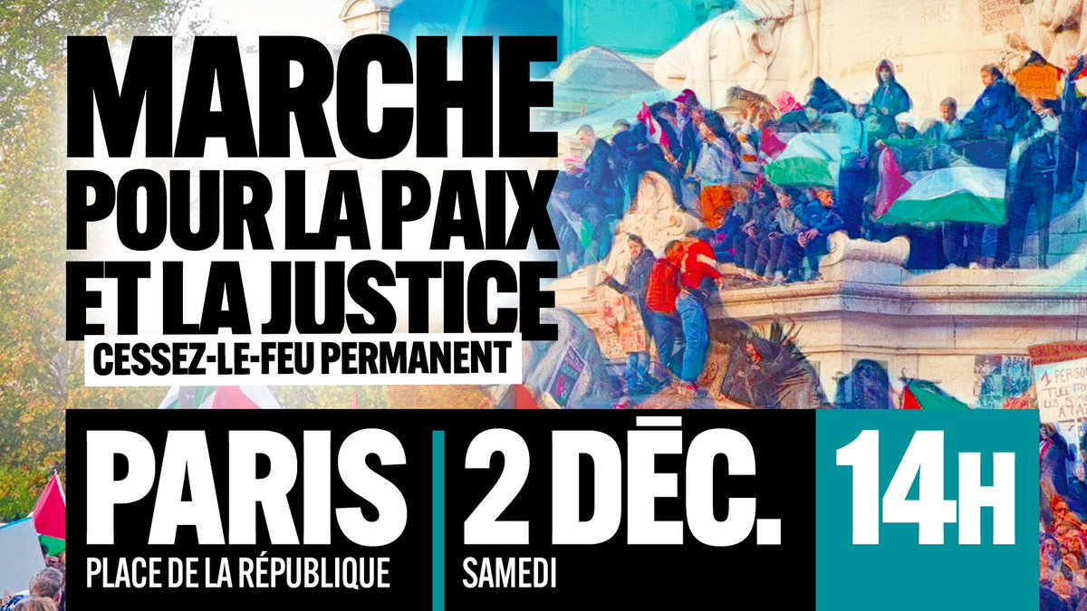 MathildePanot's tweet image. 🇵🇸 Pour un cessez-le-feu permanent ! 

Grande marche pour la paix et la justice ce samedi 2 décembre à 14h, Place de la République. 

Retrouvons-nous y nombreuses et nombreux !