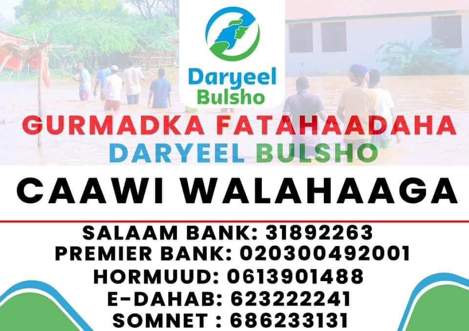 Daryeel Bulsho is urging all segments of society to come together &amp; support those affected by d devastating floods in our country. Our youth are ready to lend a helping hand, and we call on politicians, religious scholars, businessmen, &amp; everyone to join in this important effort.