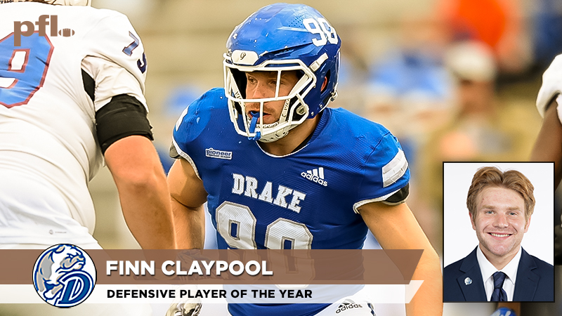 𝗣𝗙𝗟 𝗗𝗲𝗳𝗲𝗻𝘀𝗶𝘃𝗲 𝗣𝗹𝗮𝘆𝗲𝗿 𝗼𝗳 𝘁𝗵𝗲 𝗬𝗲𝗮𝗿 @DrakeBulldogsFB defensive lineman Finn Claypool. Followed his 2022 PFL Freshman Defensive Player of the Year by winning the league's top defensive honor. Had 19 tackles for loss, 12.5 sacks, and 5 forced fumbles.
