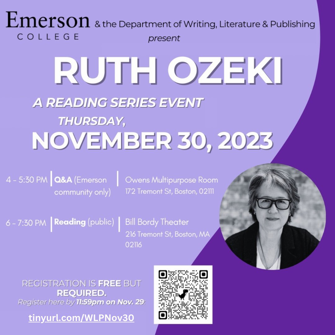 Mark your calendars for @emerson_wlp’s Reading Series with novelist, filmmaker, and Zen Buddhist priest, Ruth Ozeki! This Thursday, join the Q&A at 4 pm in the Owens Multipurpose Room, followed by a public reading at 6 pm in the Bill Bordy Theater. tinyurl.com/WLPNov30