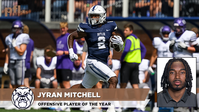 𝗣𝗙𝗟 𝗢𝗳𝗳𝗲𝗻𝘀𝗶𝘃𝗲 𝗣𝗹𝗮𝘆𝗲𝗿 𝗼𝗳 𝘁𝗵𝗲 𝗬𝗲𝗮𝗿 @ButlerUFootball running back Jyran Mitchell Won the PFL rushing title with 1,268 net rushing yards, including 985 yards in PFL action, and scored 15 total touchdowns.