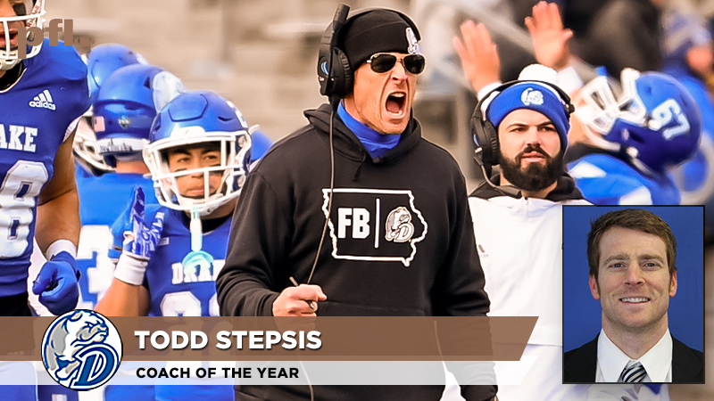 𝗣𝗙𝗟 𝗖𝗼𝗮𝗰𝗵 𝗼𝗳 𝘁𝗵𝗲 𝗬𝗲𝗮𝗿 @DrakeBulldogsFB Todd Stepsis led the Bulldogs through an unbeaten PFL season to win the 2023 PFL Championship, their first title since 2012, and the program's first FCS Playoffs appearance.