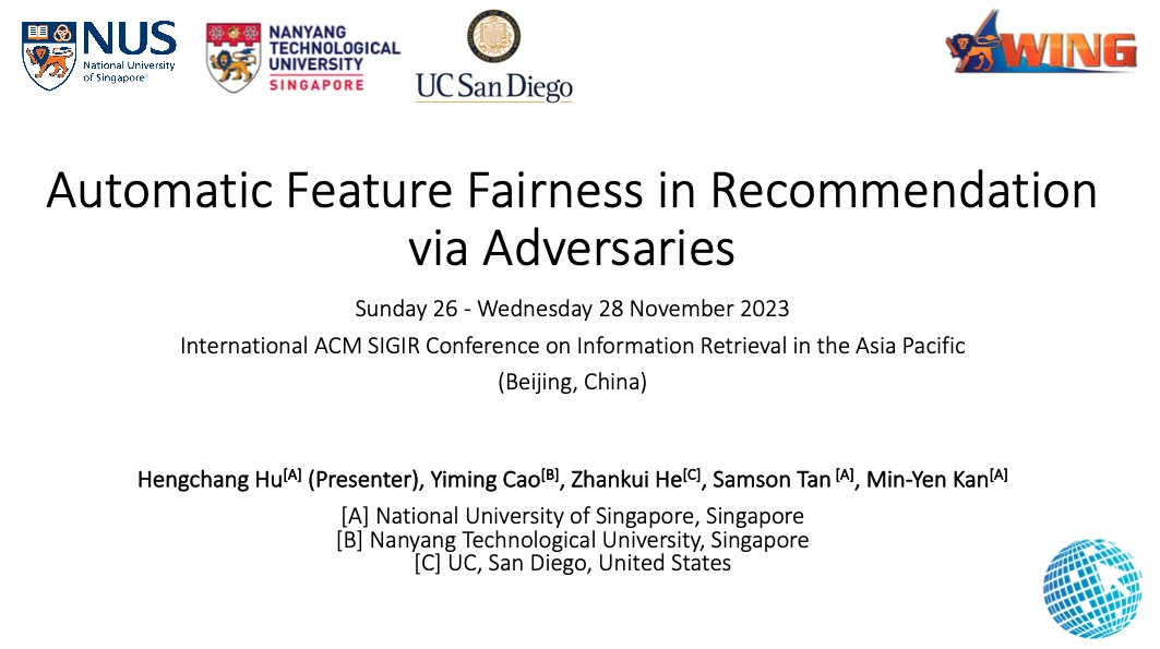 What about fairness⚖️ in recommendation systems, especially with data skew in samples? Check out ✨ Automatic Feature Fairness in Recommendation via Adversaries ✨feat. @ #SIGIR_AP2023 w/ @huholden Yiming Cao, @zhankuihe & @samsontmr ! Access via DOI: dl.acm.org/doi/10.1145/36…