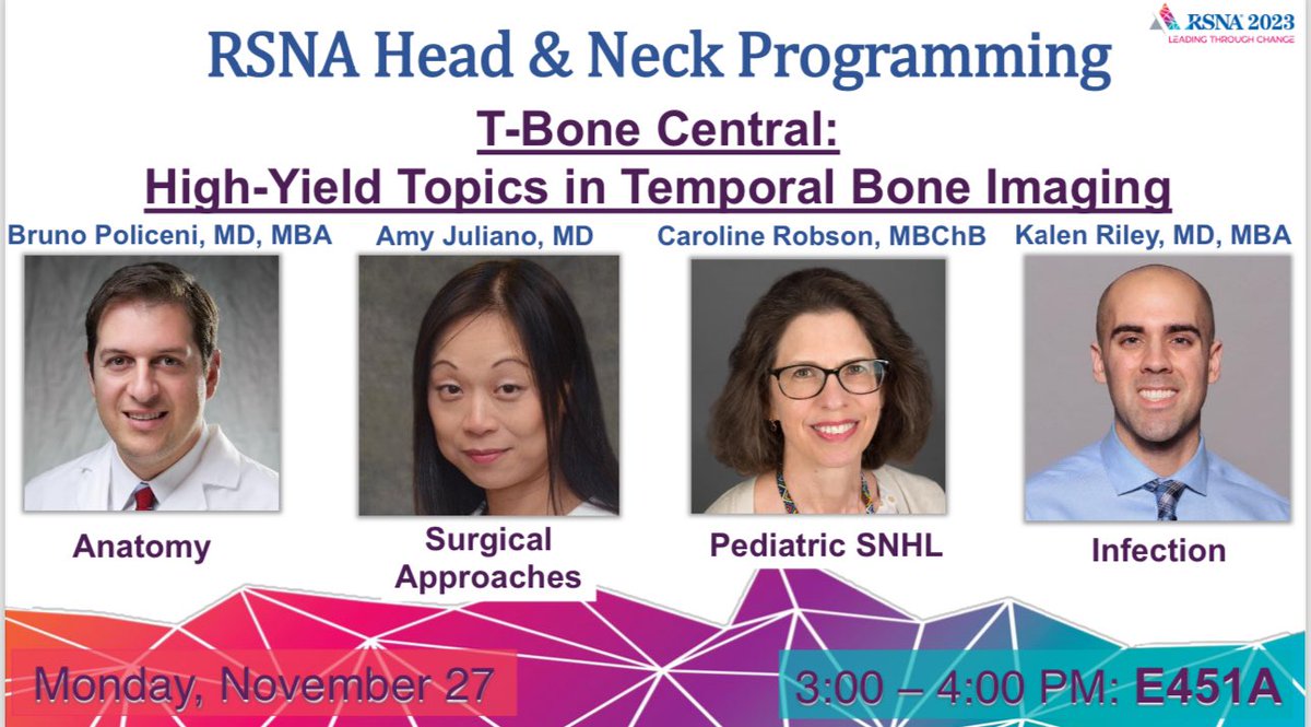 More fantastic #RSNA23 H&N programming this afternoon! Join us in E351A at 3:00pm for high yield review of all things temporal bone with: @SalmanQureshiDr (mod) @bpoliceni - anatomy @amyfjuliano - surgical approaches @callyrobs - pediatric SNHL @KRileyMD - infection