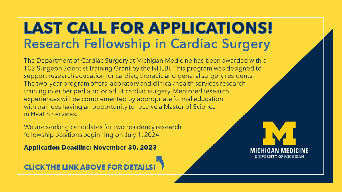 Last call for applications! The deadline to apply for our T32 surgeon scientist training grant is just days away. Don’t miss out on this exciting research fellowship opportunity starting in July! @UMichCTSurgery @umichCVC @umichmedicine medicine.umich.edu/dept/cardiac-s…