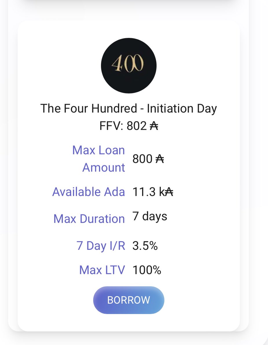 Flux Finance (@flux_platform) on Twitter photo Is the <a href="/fourhundredwtf/">THE FOUR HUNDRED (IIII)</a> something?
We just launched a pool.
Borrow up to 800 ADA per Four Hundred NFT for up to 7 days.
flux.astrocnft.io/borrow
(REDACTED)
#cnft #cardano Is the <a href="/fourhundredwtf/">THE FOUR HUNDRED (IIII)</a> something?
We just launched a pool.
Borrow up to 800 ADA per Four Hundred NFT for up to 7 days.
flux.astrocnft.io/borrow
(REDACTED)
#cnft #cardano