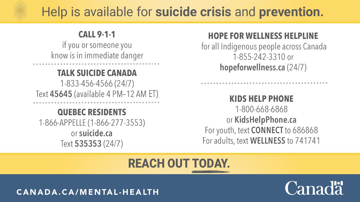 Canada’s taking a big step! On Nov 30, 2023, the 9-8-8: Suicide Crisis Helpline goes live.

Until then, call Talk Suicide Canada (1-833-456-4566) or 1 866 APPELLE (1-866-277-3553) in Quebec. 

ow.ly/TxwA50Qby4R