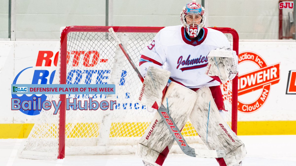 Congratulations to <a href="/JohnnieHockey/">SJU Hockey</a> junior goaltender Bailey Huber, who was named the MIAC Men's Hockey Defensive Player of the Week today for the third time of his career!

RELEASE: gojohnnies.com/news/2023/11/2…

#GoJohnnies #d3hky