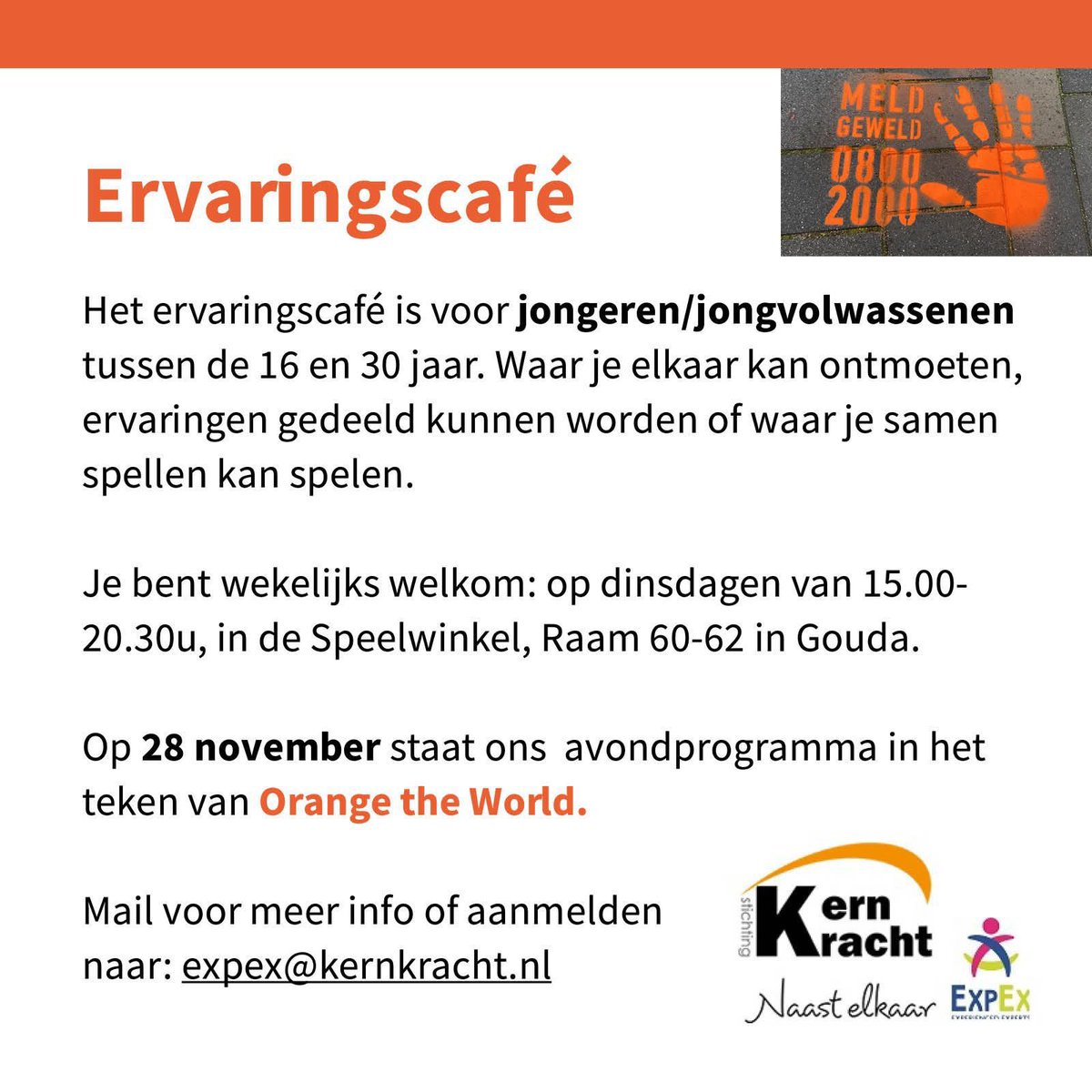 SoroptiGouda's tweet photo. Ervaringscafé ExpEx

In De Speelwinkel is dinsdagavond een open bijeenkomst over #OrangeTheWorld “Veilig, overal en altijd” om aandacht te vragen tegen geweld tegen vrouwen en meisjes. Je bent van harte welkom!

Voor meer informatie: 
https://t.co/PiUeuOx5fr

#medestander #gouda https://t.co/WoSEw0ozun