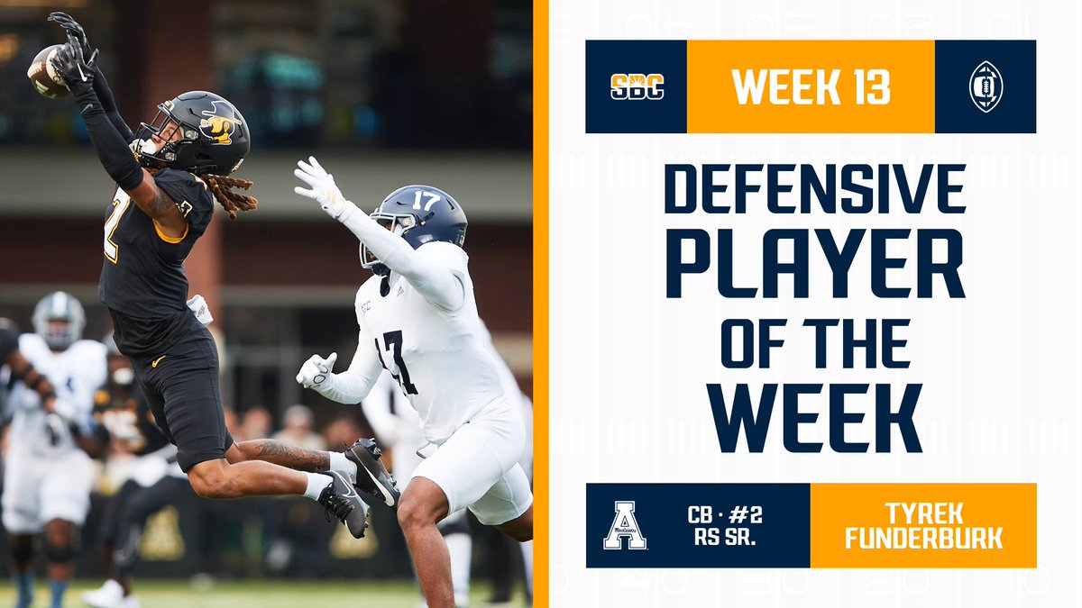 𝗧𝗔𝗞𝗘𝗔𝗪𝗔𝗬 𝗧𝗬𝗥𝗘𝗞.

<a href="/AppState_FB/">App State Football</a> redshirt senior cornerback <a href="/tfunderburk2/">Tyrek Funderburk</a> records a pair of interceptions en route to the final <a href="/SunBeltFB/">Sun Belt Football</a> Defensive Player of the Week nod. ☀️🏈

📰 » sunbelt.me/3sKSNeO