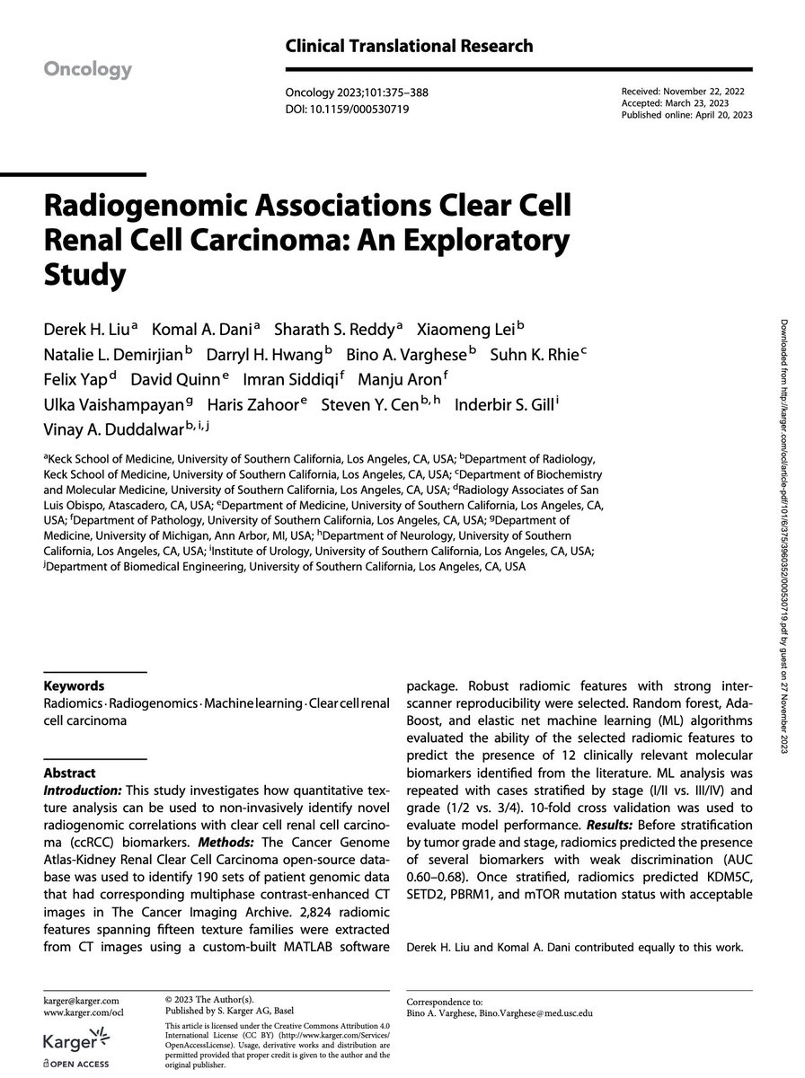 USC_Urology's tweet image. Radiogenomic correlations with ccRCC biomarkers
🧬Use of TCGA-KIRC &amp;amp; TCIA-KIRC databases
📈After stratification: predictions of KDM5C, SETD2, PBRM1, &amp;amp; mTOR mutation status showed significant improvements AUC 0.70-0.86
#Radiogenomics @OncoKarger doi.org/10.1159/000530…