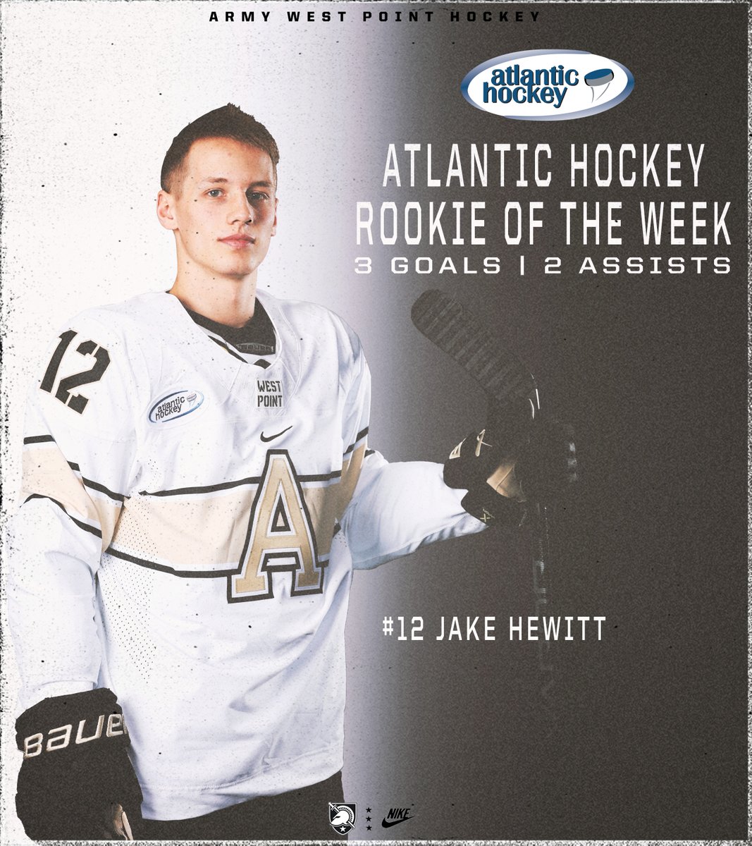 Jake Hewitt has been named <a href="/Atlantic_Hockey/">Atlantic Hockey America</a> Rookie of the Week!

Hewitt scored a goal in all three games this past week while adding a pair of assists.

📰 goarmywestpoint.com/news/2023/11/2…

#GoArmy