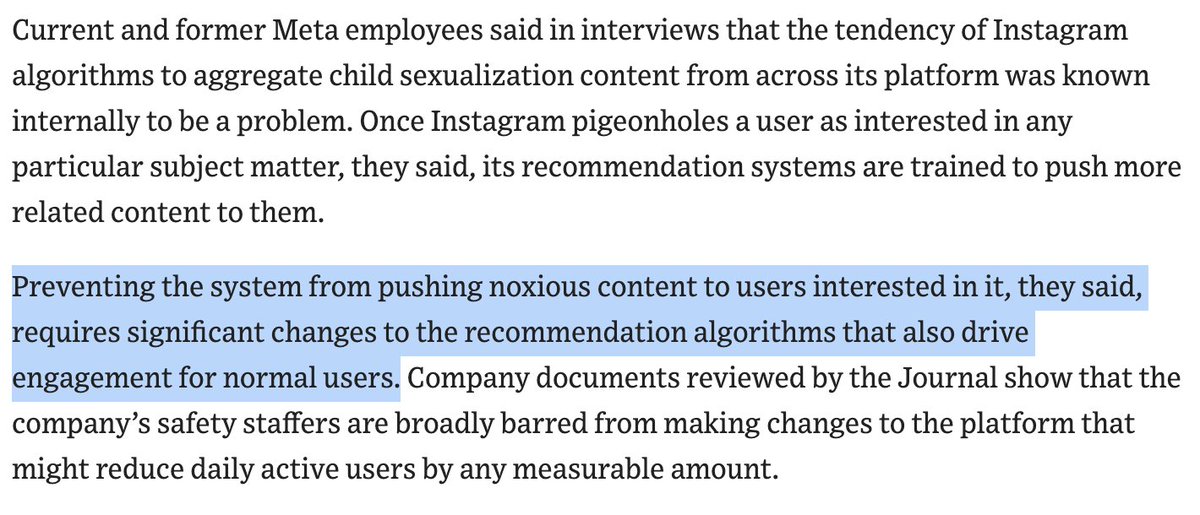 Max_Fisher's tweet photo. The WSJ story on Instagram pushing users toward sexualized videos of children has an extremely important detail: 

this isn't some algorithmic quirk, it's core to how the platform works, Meta knows it, and they won't fix it. https://t.co/teHaekRhKC https://t.co/UfvHdByscl