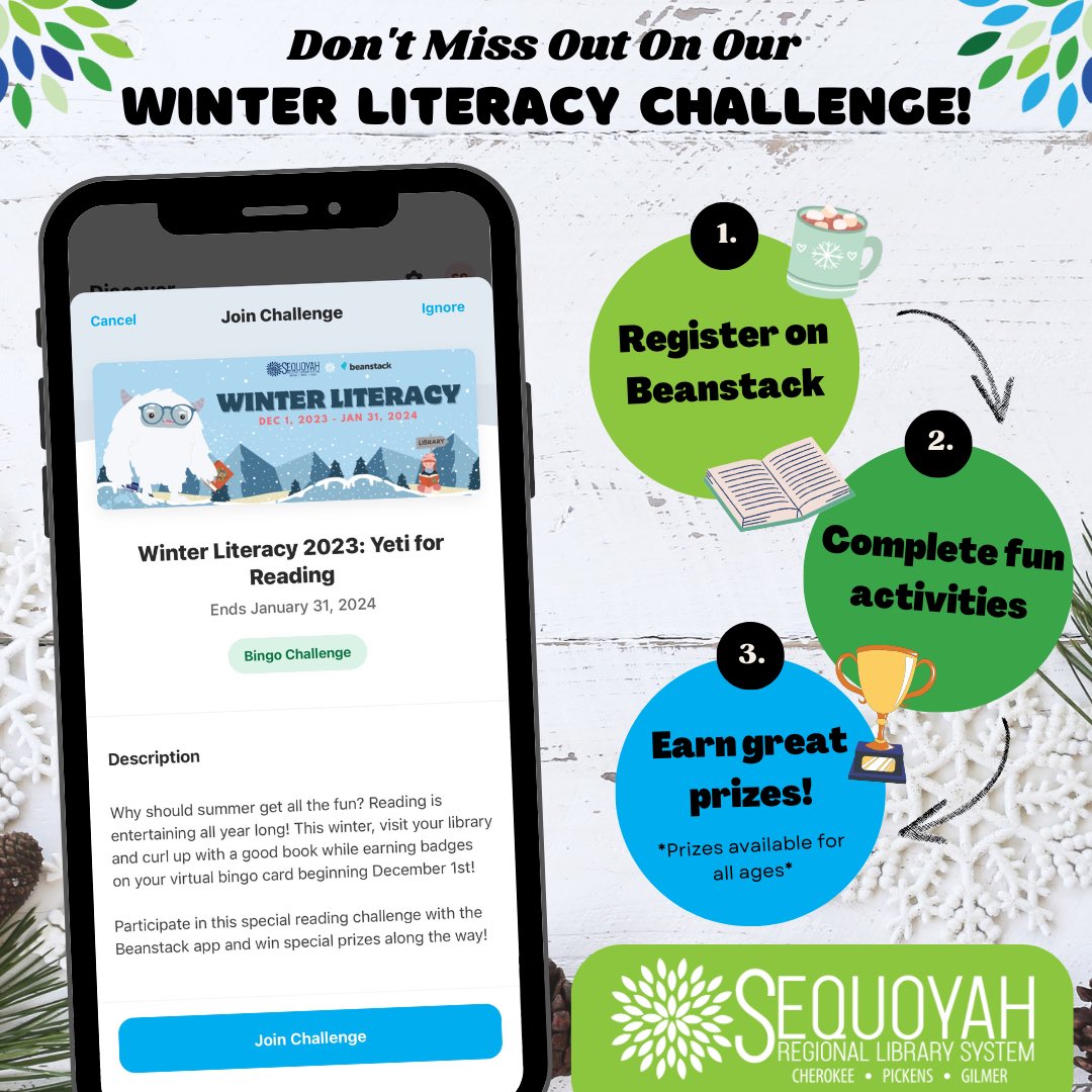Winter Literacy is almost here! ❄️📚 From December 1 through January 31, log your reading and complete fun activities on the Beanstack app to win some great prizes! Join us on Beanstack to get started: bit.ly/SRLS-Beanstack #SeqLib #GeorgiaLibraries #WinterLiteracy
