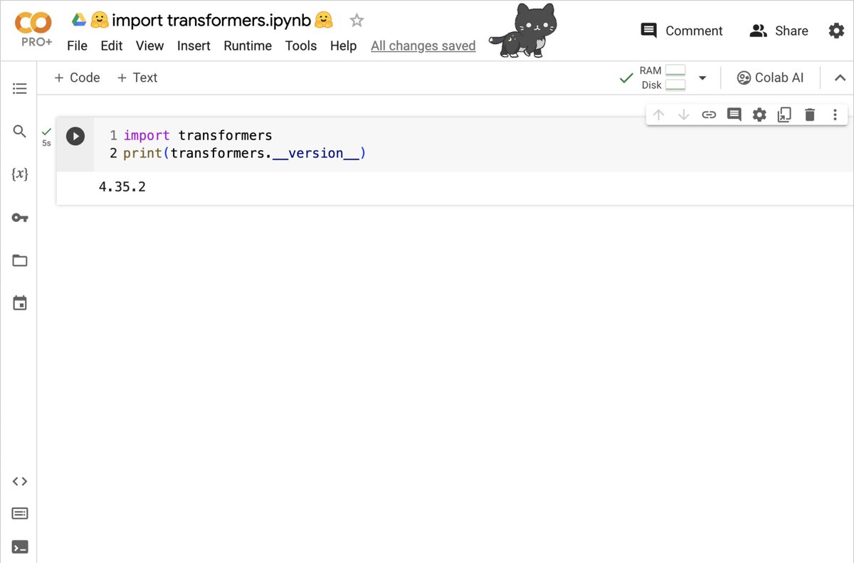 In collaboration with our friends at @huggingface, Colab managed runtime images now include transformers installed by default. `import transformers` is all you need. We regularly update our image, but you can always force an upgrade with `!pip install transformers --upgrade`