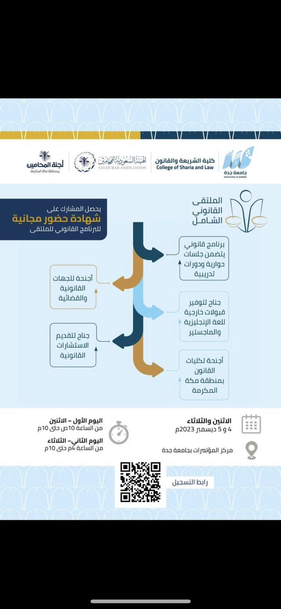 FetoonAlmadoudi's tweet photo. حدث أكثر من رائع و مهم للمحامين و المتدربين والافراد للثقافة القانونية 
الحدث بالمشاركة بين #لجنة_المحامين_منطقة_مكة_المكرمة وكلية الشريعة والقانون بجامعة جدة ⚖️⚖️⚖️

والحضور والشهادة مجانا)

رابط التسجيل : 
https://t.co/QcoWjtnT63 https://t.co/V2V1Azbi6W