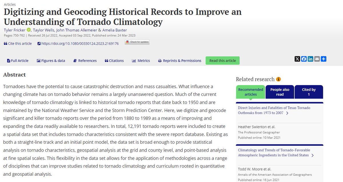 theAAG's tweet photo. @TylerFricker et al discusses the digitization and geocoding of historical tornado reports from 1880 to 1989. 12,191 reports were used to create a spatial data set for analyzing characteristics, aiding research in tornado climatology. 

Discover more: https://t.co/utT6gs6Pys https://t.co/AUtGakVXB2