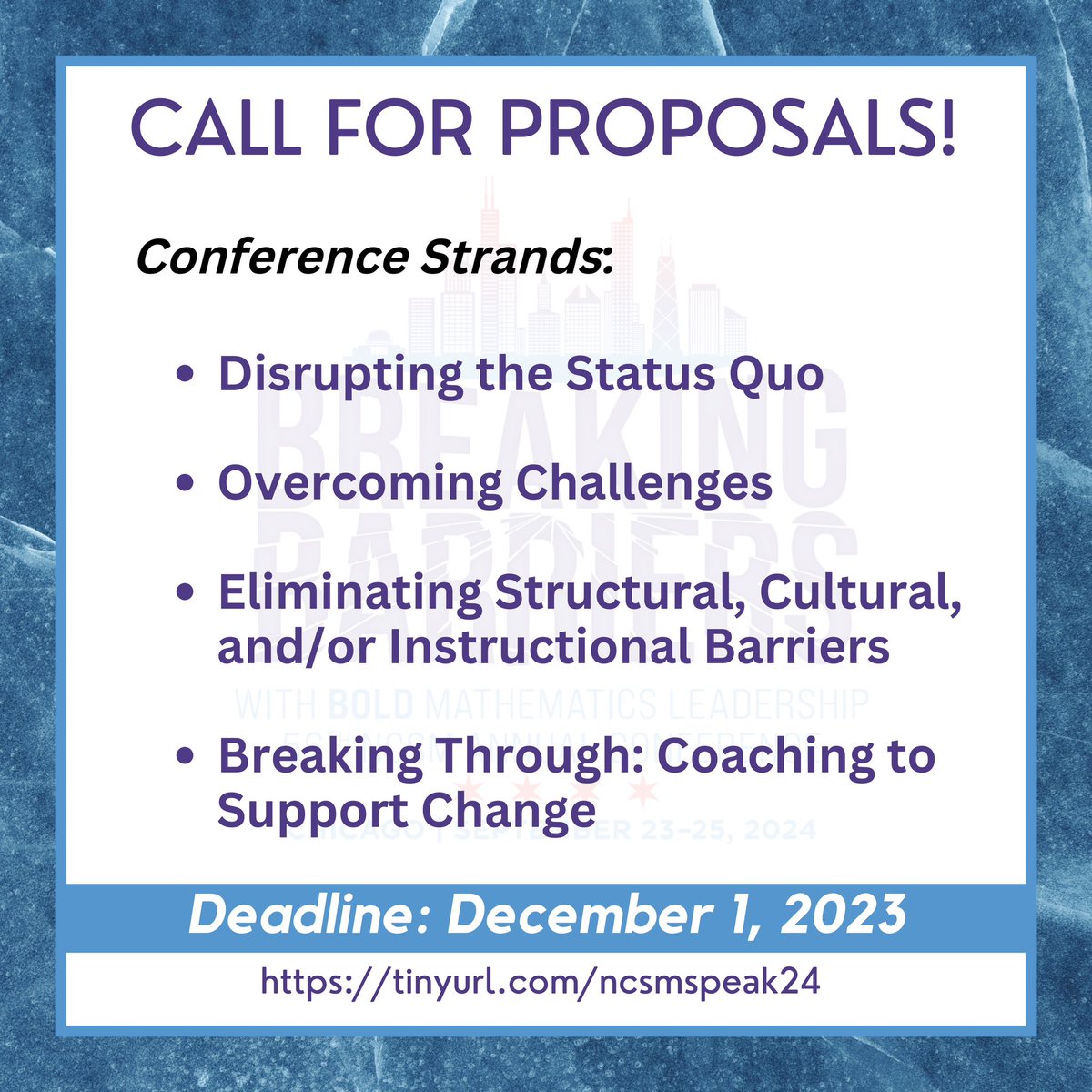 🕙 Have you submitted your speaker proposal yet? Your voice can help make a difference. The deadline is this Friday 12/1! Join us at #NCSM24 in Chicago, Sept 23-25, 2024! More details here: tinyurl.com/ncsmspeak24.   #boldleaders #ileadmath #NCSMBold