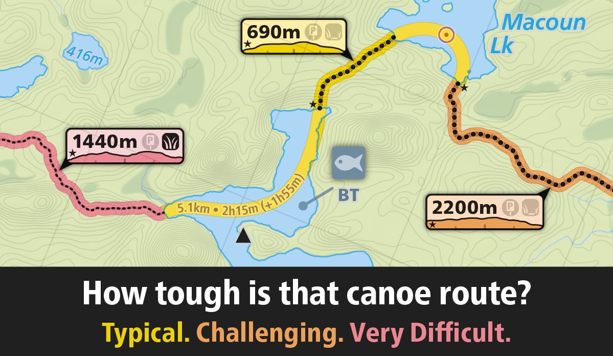 💛 Yellow → Typical Route 😃
 🔥Orange → Challenging Route😳
🚨 Red → Very Difficult Route 👹

My new Algonquin map will feature colour-coded route difficulties, making it a breeze to find the easier/harder spots at a glance.

Intrigued? Learn more at: mbyj.ca/fb/DifficultyG…