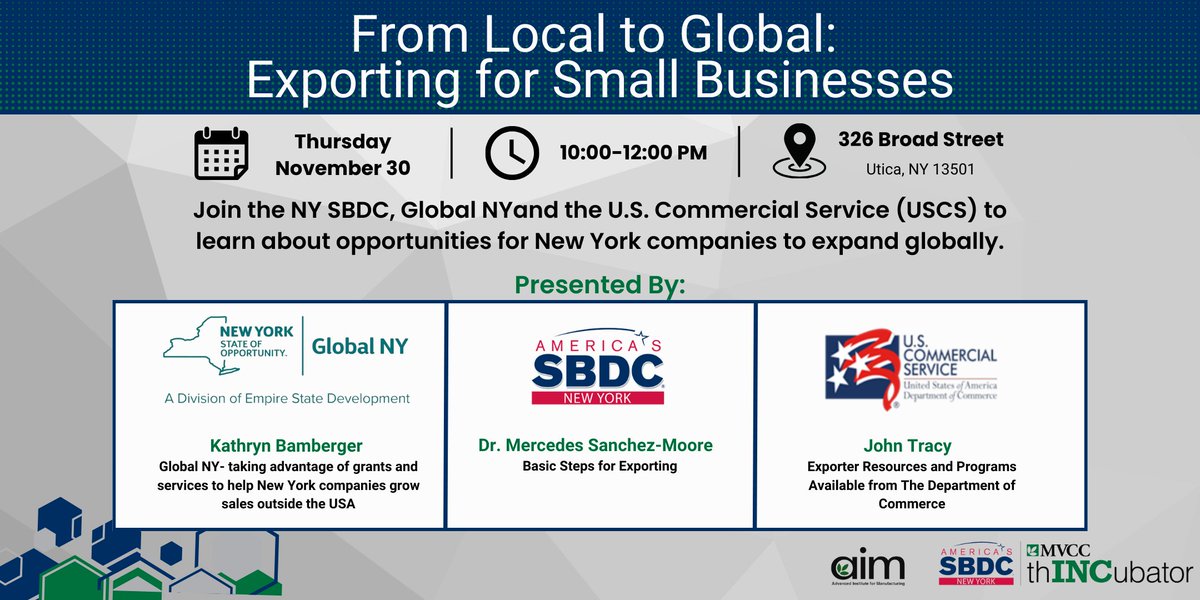 New York SBDC (@nysbdc) on Twitter photo 🌍 Join "From Local to Global: Exporting for Small Businesses" in Utica, NY, this Thursday, November 30! Register 👇
bit.ly/MVSBDCLocalToG…
For New York SMBs to learn about export readiness, market strategies & more! In partnership w/ <a href="/EmpireStateDev/">Empire State Development</a>'s Global NY & <a href="/ExportGov/">U.S. Commercial Service</a> 🌍 Join "From Local to Global: Exporting for Small Businesses" in Utica, NY, this Thursday, November 30! Register 👇
bit.ly/MVSBDCLocalToG…
For New York SMBs to learn about export readiness, market strategies & more! In partnership w/ <a href="/EmpireStateDev/">Empire State Development</a>'s Global NY & <a href="/ExportGov/">U.S. Commercial Service</a>