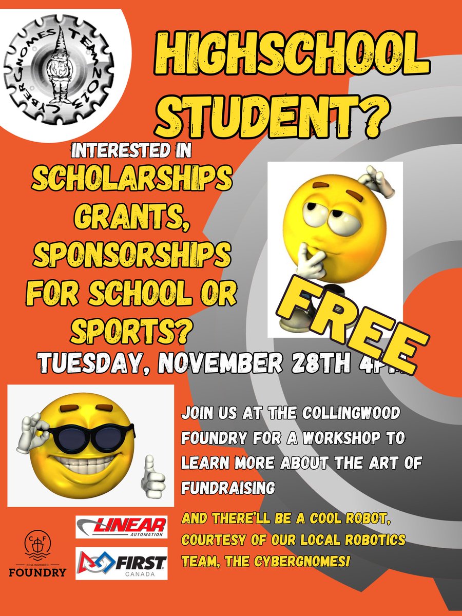Local competitive robotics team, <a href="/cybergnomes/">Cybergnomes 2013</a> <a href="/CANFIRST/">FIRST Robotics Canada</a> is hosting a FREE #FundraisingWorkshop for #highschoolstudents Tuesday, November 28, 4pm at the #CollingwoodFoundry (<a href="/BrandonHouston/">BrandonHouston</a>). Sponsors <a href="/LinkingVentures/">LinkingVentures</a>, @LinearTransfer @CollingwoodFoundry #Robotics #AppliedSkills