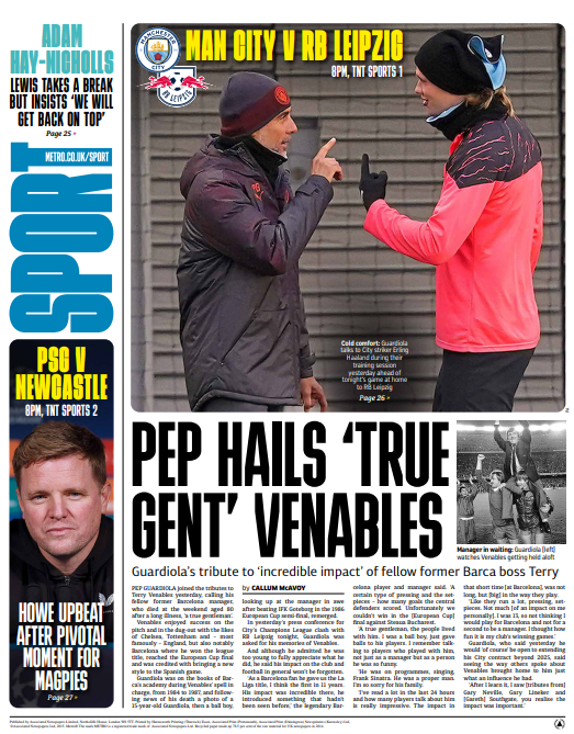 Guardiola's tribute to 'gentleman' Venables - Tuesday's back page