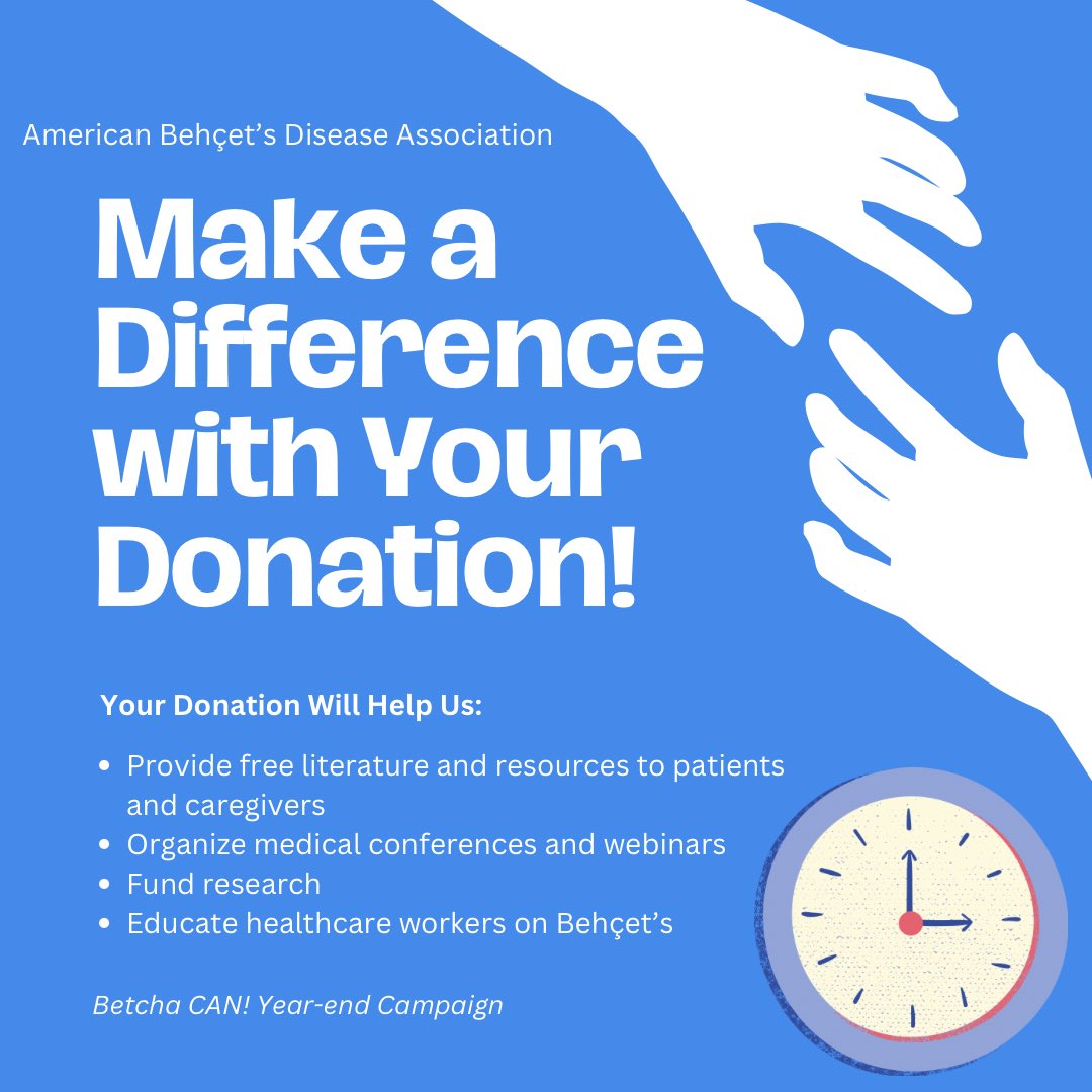 behcets_usa's tweet photo. Tomorrow is #GivingTuesday! A day dedicated to generosity and making a difference. Your support can positively impact the lives of those living with Behçet’s Disease. Follow the link to donate to our year end campaign and feel free to share the link with others. 💙 #BetchaCan https://t.co/Nc3wyC6lPf