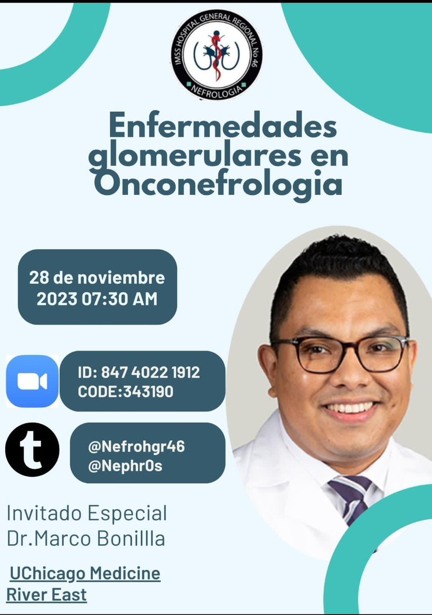 El día de mañana tendremos sesión con el Dr. Marco Bonilla a las 07:30 AM (UTC-6) sobre "Enfermedades glomerulares en Onconefrología".

<a href="/Nephr0s/">Marco Bonilla</a>