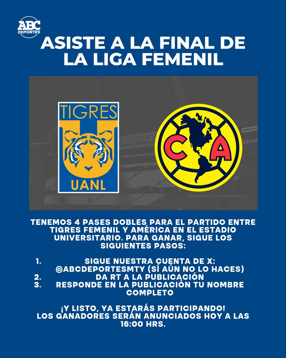 abc_deportes_mx's tweet photo. 🐯 #TIGRESFemenil | | ¡🎫 PARTICIPA Y GANA CON ABC DEPORTES 🎫!   

Tenemos boletos para la Final del Apertura 2023 entre las felinas y el América en el Estadio Universitario, sigue las indicaciones de la imagen y estarás participando.

#ABCDeportes | 📻 92.1 FM y 660 AM https://t.co/Z0ucupNoJZ