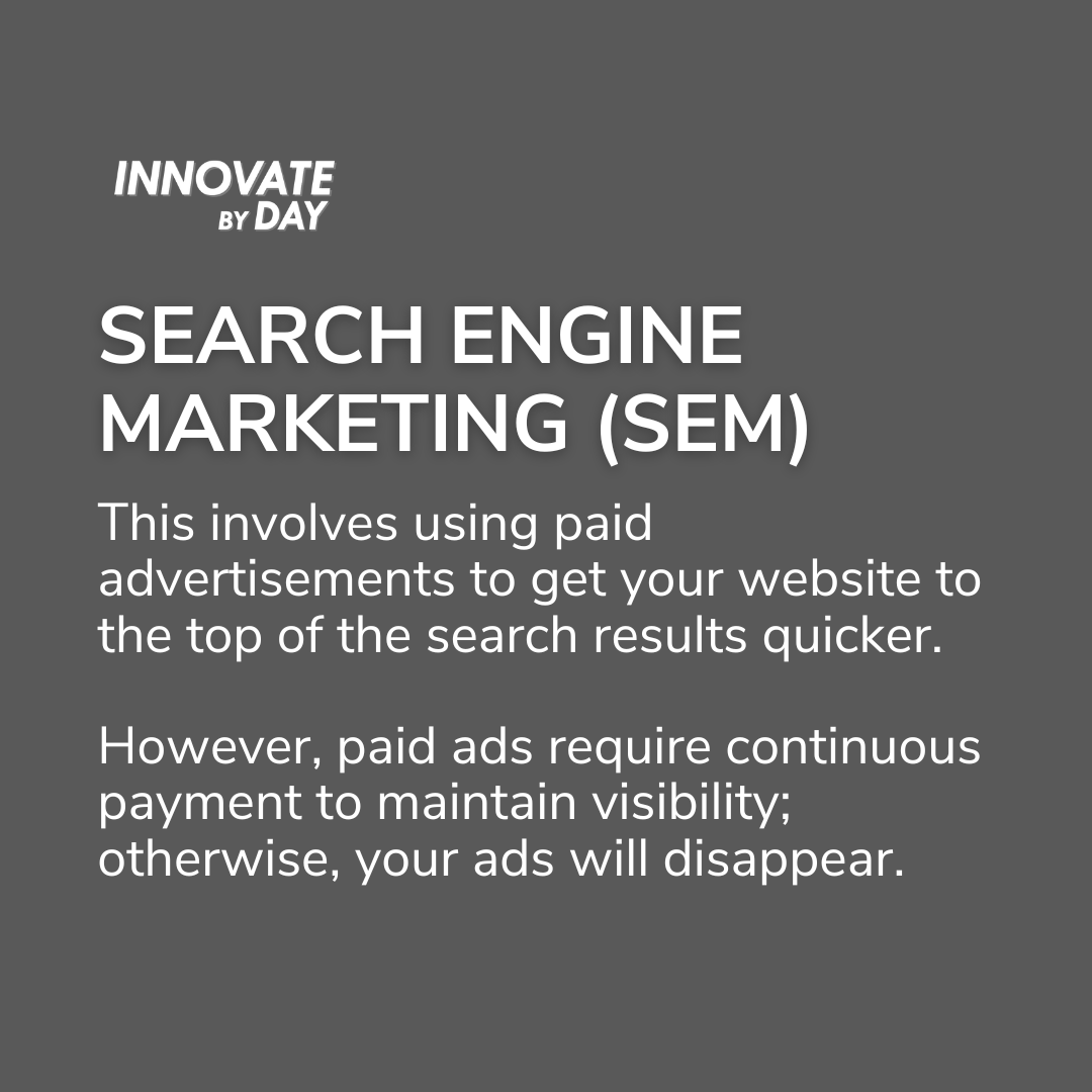 What is the difference between SEO and SEM? We've got you covered with a simple explanation of both terms⬇️:

#InnovateByDay #SEO #SEM #DigitalMarketing #OnlinePresence #SearchEngineMarketing #OnlineMarketing #SEOtips