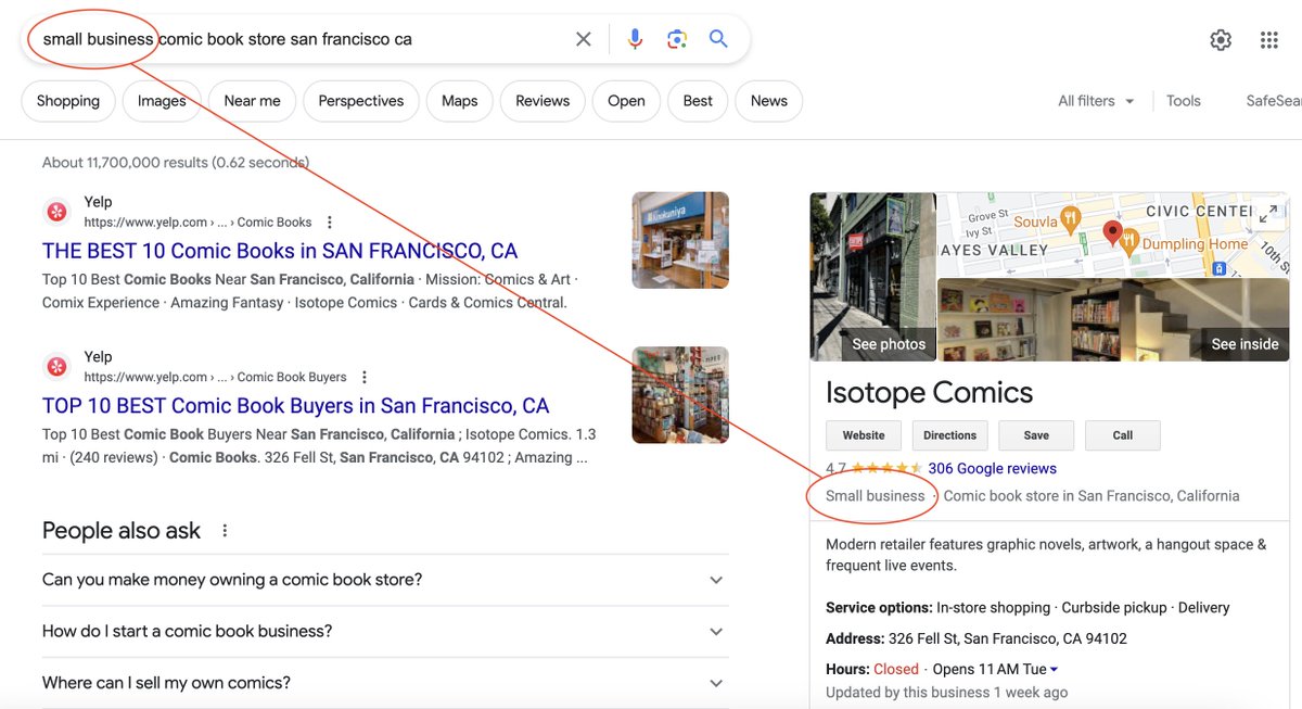 First example I've seen where the "small business" attribute seems to be influencing local results