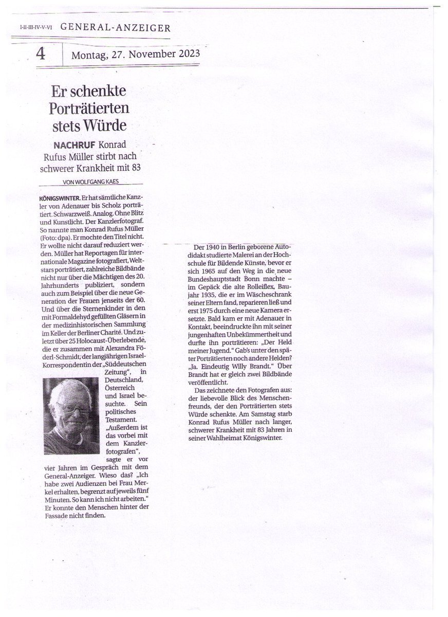 Ein schöner Nachruf auf Konrad Rufus Müller, mit dem ich 25 Holocaust-Überlebende in Israel, Deutschland und Österreich besuchte. Daraus entstand unser Buch „Unfassbare Wunder“. Er war ein grandioser Fotokünstler