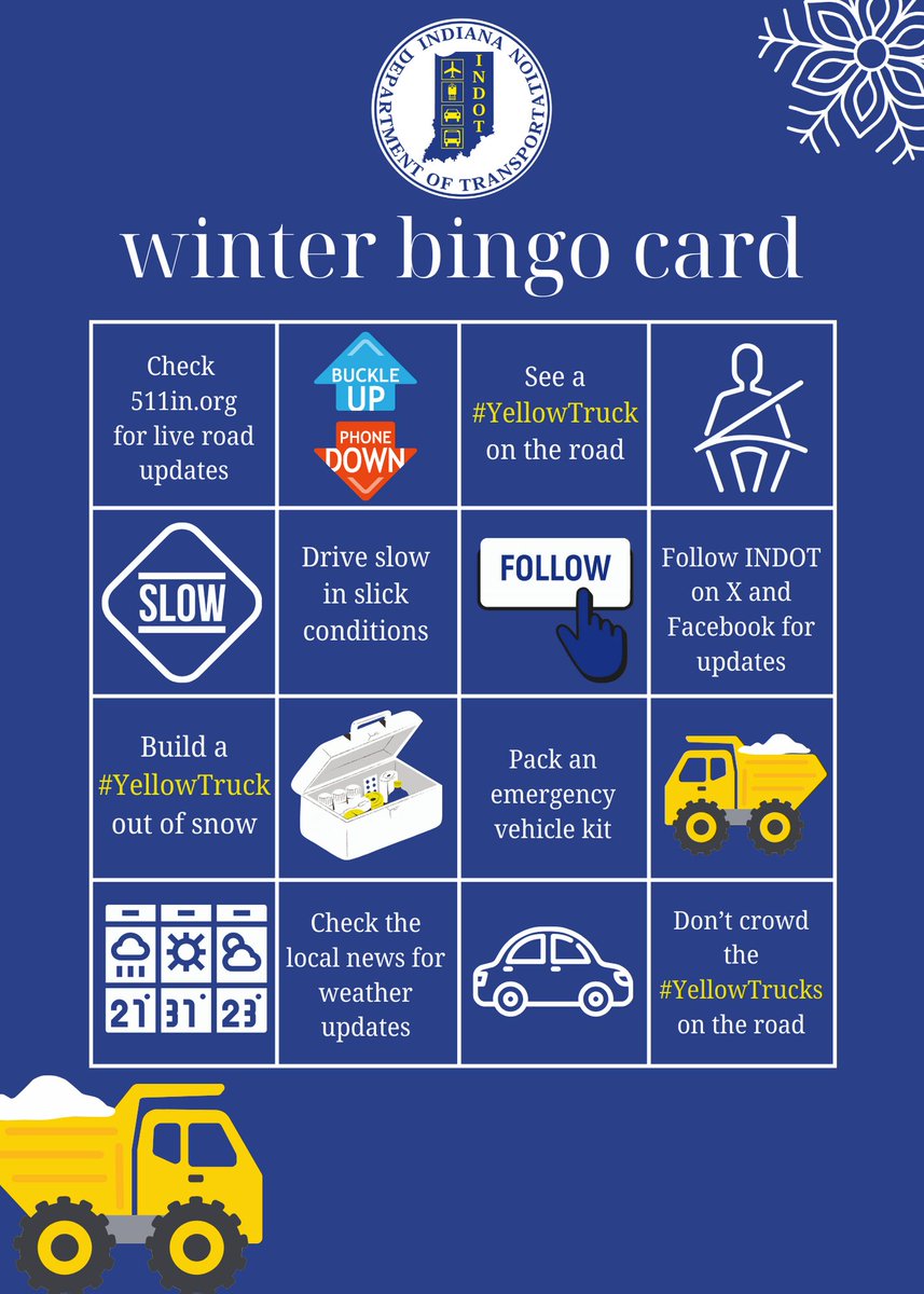How is everyone doing on the INDOT Winter Bingo Card? ❄️ It's the beginning of December and we're hoping to see pictures of your #YellowTrucks made out of snow!