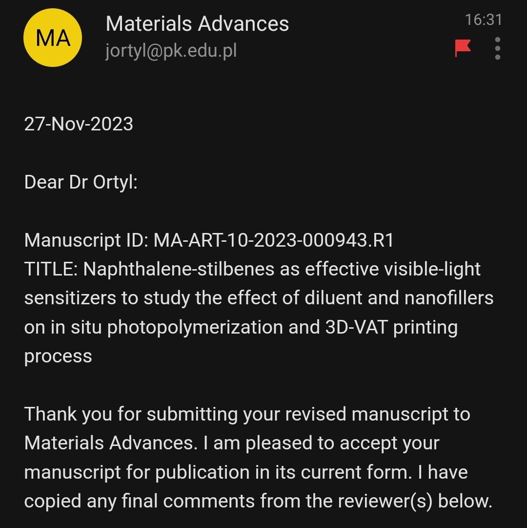 Joanna Ortyl (@joannaortyl) on Twitter photo Today we also got the news of acceptance of our latest publication to the <a href="/RoySocChem/">Royal Society of Chemistry</a> #MaterialsAdvances. Congratulations to the co-authors <a href="/TomalWiktoria/">WiktoriaTomal</a> <a href="/Karo_1_ina/">Karolina Gałuszka</a> from #OrtylPhotoLab <a href="/PetrLepcio/">Petr Lepcio</a> from <a href="/CEITEC_Brno/">CEITEC</a>
🎉🎉🎉🎉 Today we also got the news of acceptance of our latest publication to the <a href="/RoySocChem/">Royal Society of Chemistry</a> #MaterialsAdvances. Congratulations to the co-authors <a href="/TomalWiktoria/">WiktoriaTomal</a> <a href="/Karo_1_ina/">Karolina Gałuszka</a> from #OrtylPhotoLab <a href="/PetrLepcio/">Petr Lepcio</a> from <a href="/CEITEC_Brno/">CEITEC</a>
🎉🎉🎉🎉